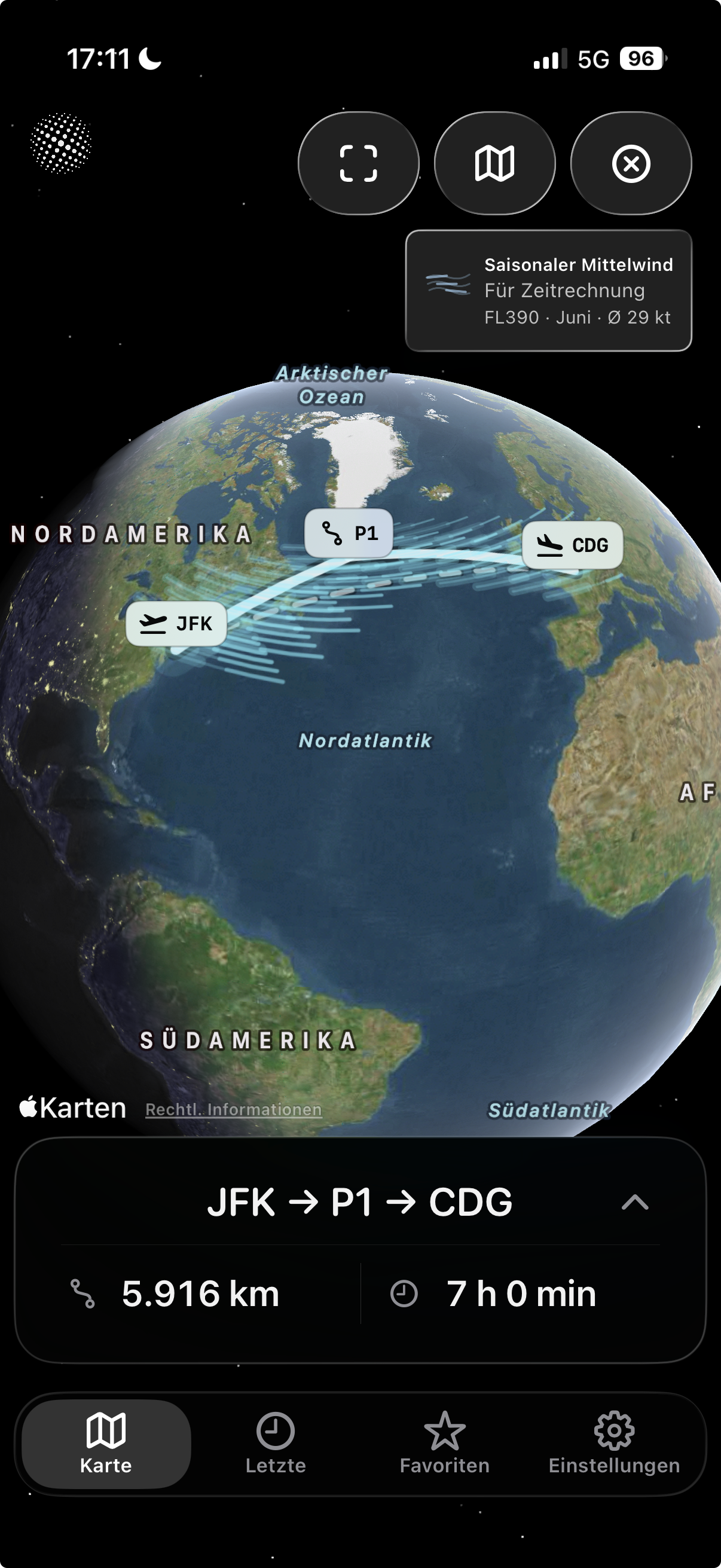 Arclune app showing a great-circle route from JFK to CDG over the North Atlantic with seasonal wind context
